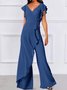 Unifarben Schnürung Volant Kurzarm V-Ausschnitt Lässig Jumpsuit