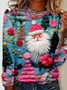 Pink Weihnachtsmann Muster Rundhals Regelmäßige Passform Lässig Langarm Print Bluse