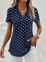 Damen Kurzarm Bluse Sommer Petrol Blau Polka Dots Reißverschluss V-Ausschnitt Ausgehen Oberteile