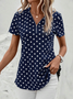 Damen Kurzarm Bluse Sommer Petrol Blau Polka Dots Reißverschluss V-Ausschnitt Ausgehen Oberteile