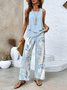Damen Blätter Täglich Ausgehen Zweiteiliges Set Lässig Sommer Bluse mit Hose Matching Set