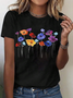 Geblümt Baumwolle Rundhals Lässig T-Shirt