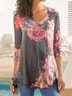 Baumwollgemisch Lässig V-Ausschnitt Print Shirts & Blusen&Shirts