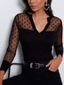 Schwarz Polka Dots Paneeliert V-Ausschnitt Langarm Sexy Shirts & Blusen&Shirts