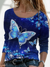 Langarm Lässig Rundhals Schmetterling T-Shirt
