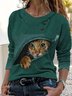 Katze Langarm Geknöpft Große Größen Lässig T-Shirt