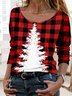 Lässig Kariert Rundhals Weihnachtsbaum Print Jersey T-Bluse