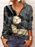 Lässig Weihnachten Kariert Katze Langarm V-Ausschnitt T-Shirt