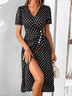 Geknöpft Polka Dots Urlaub V-Ausschnitt Kleid