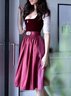 Damen Drindl 3/4 Ärmel Sommer Weinrot Unifarben Spitze Schatzausschnitt Party Ausgehen Retro Midi X-Linie Kleid
